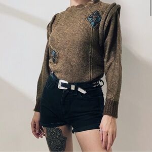NEW Women’s Vintage Maori Bee Sweater Brown Leather Patchwork HandKnit